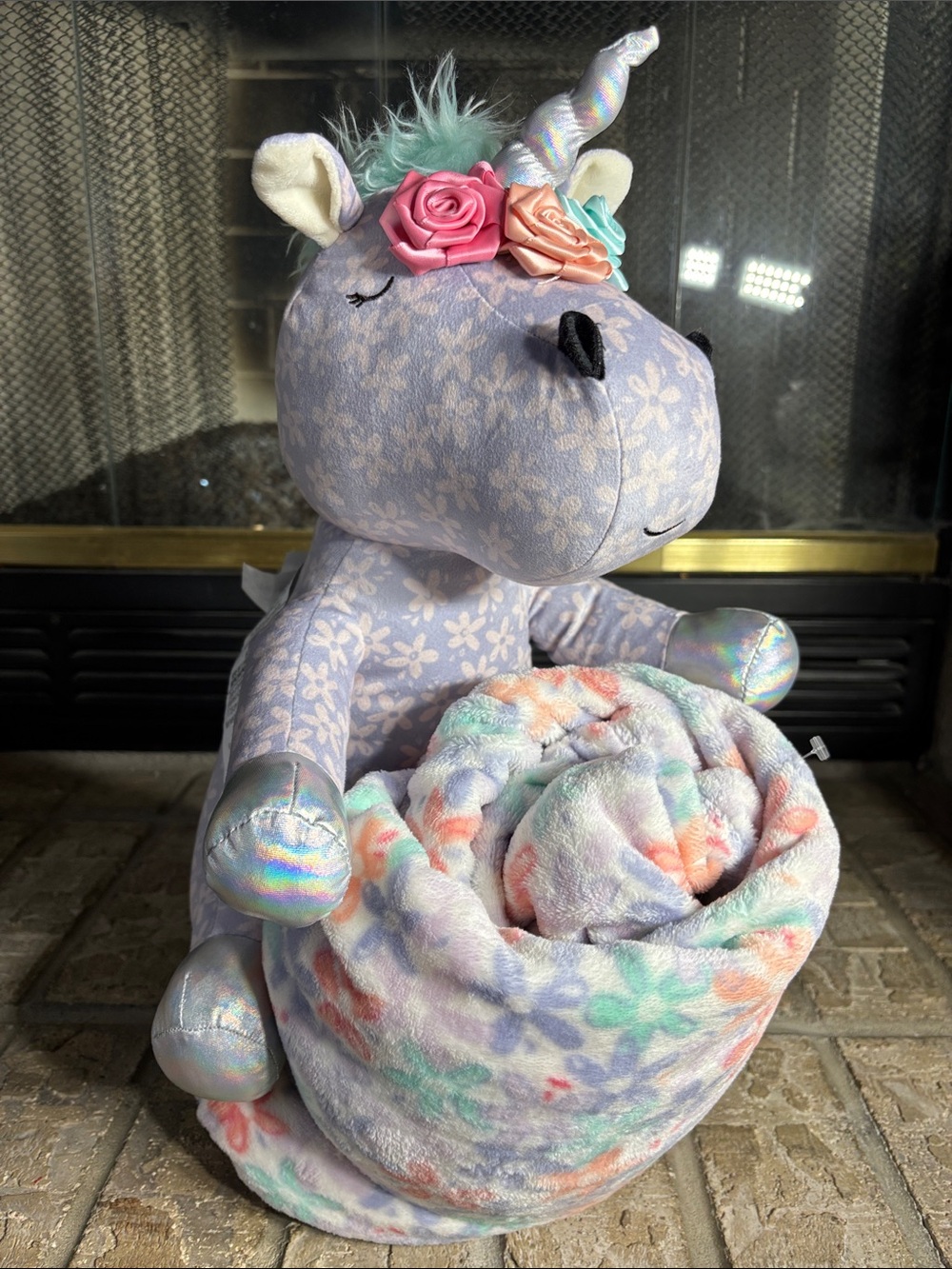 The Big One Kids Unicorn Plush Buddy & Throw Blanket Floral Silver GIFT NEW
